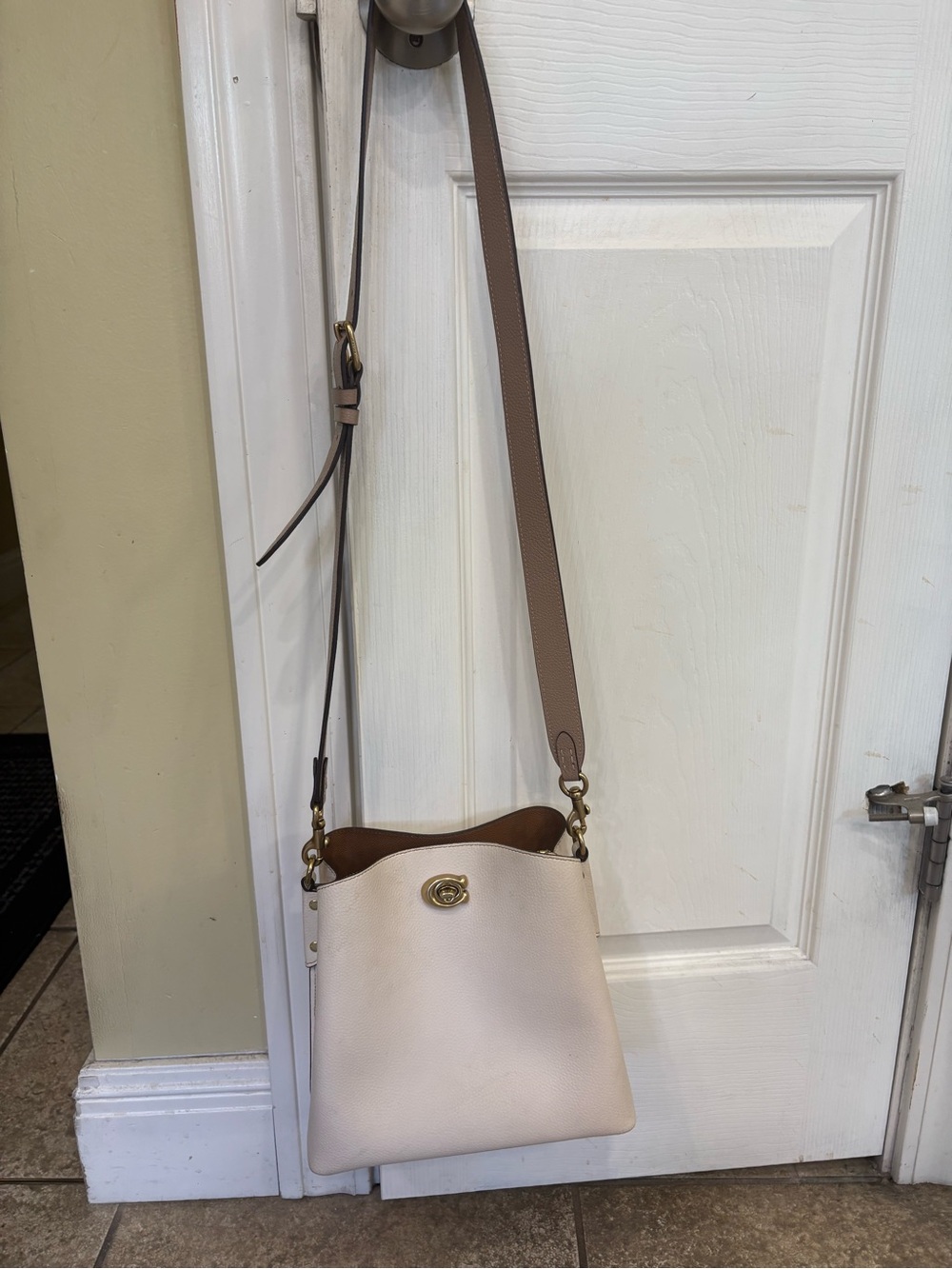 Coach Cream Leather Crossbody with Brown Strap and Gold-Tone Hardware